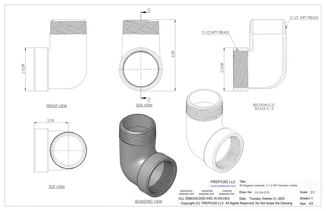 2 1/2" NPT Female‑to-Male 90° Elbow Adapter – 3D CAD Model (STEP, STL, IGES, DWG, DXF)