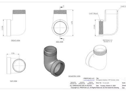 2" NPT Female‑to-Male 90° Elbow Adapter – 3D CAD Model (STEP, STL, IGES, DWG, DXF)