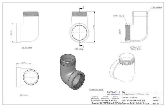 2" NPT Female‑to-Male 90° Elbow Adapter – 3D CAD Model (STEP, STL, IGES, DWG, DXF)