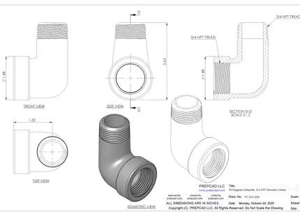 3/4" NPT Female‑to-Male 90° Elbow Adapter – 3D CAD Model (STEP, STL, IGES, DWG, DXF)
