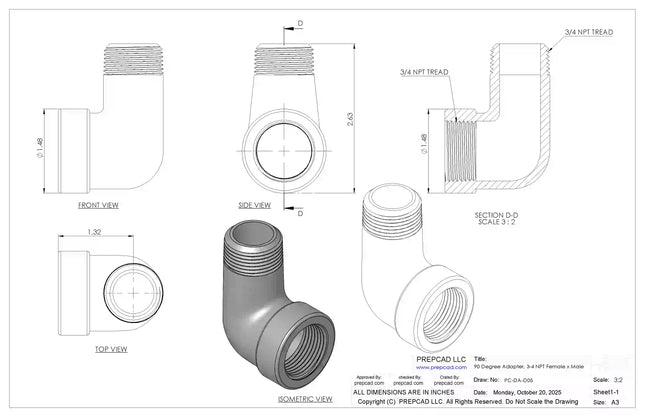 3/4" NPT Female‑to-Male 90° Elbow Adapter – 3D CAD Model (STEP, STL, IGES, DWG, DXF)