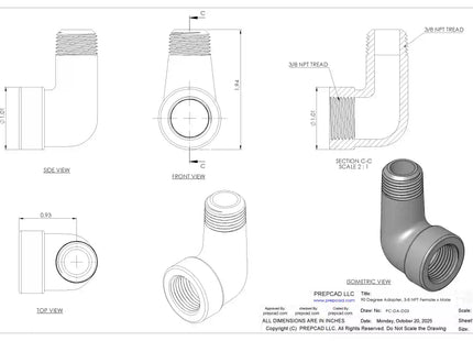 3/8" NPT Female‑to-Male 90° Elbow Adapter – 3D CAD Model (STEP, STL, IGES, DWG, DXF)