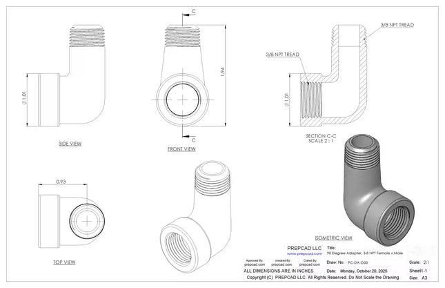 3/8" NPT Female‑to-Male 90° Elbow Adapter – 3D CAD Model (STEP, STL, IGES, DWG, DXF)