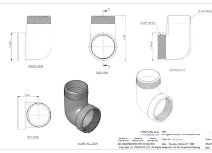 3" NPT Female‑to-Male 90° Elbow Adapter – 3D CAD Model (STEP, STL, IGES, DWG, DXF)