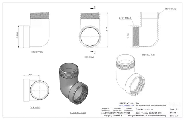 3" NPT Female‑to-Male 90° Elbow Adapter – 3D CAD Model (STEP, STL, IGES, DWG, DXF)