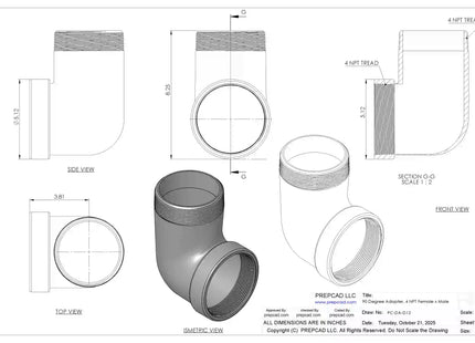 4" NPT Female‑to-Male 90° Elbow Adapter – 3D CAD Model (STEP, STL, IGES, DWG, DXF)