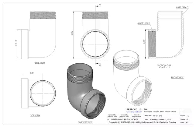 4" NPT Female‑to-Male 90° Elbow Adapter – 3D CAD Model (STEP, STL, IGES, DWG, DXF)