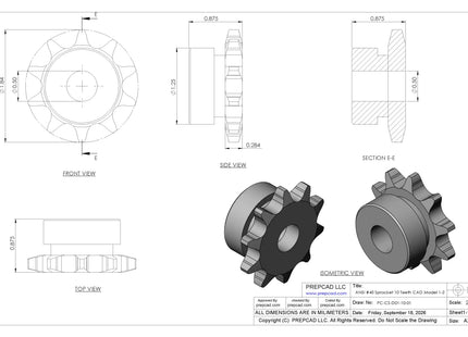 ANSI #40 Roller Chain Sprocket CAD Model, 10 Teeth | Keyway & Set Screw Options
