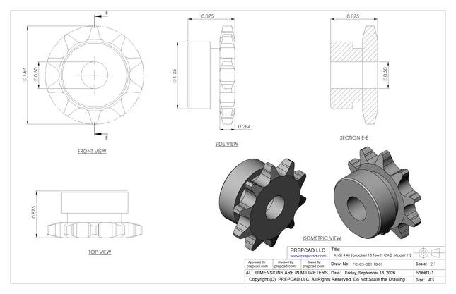 ANSI #40 Roller Chain Sprocket CAD Model, 10 Teeth | Keyway & Set Screw Options