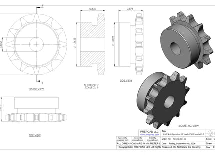 ANSI #40 Roller Chain Sprocket CAD Model, 12 Teeth | Keyway & Set Screw Options