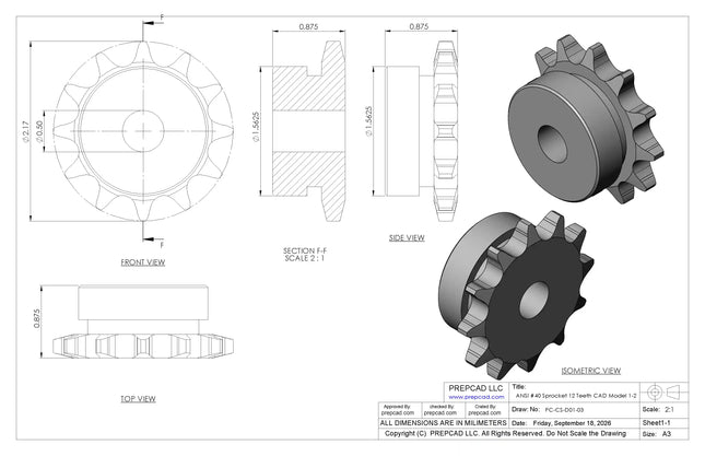 ANSI #40 Roller Chain Sprocket CAD Model, 12 Teeth | Keyway & Set Screw Options