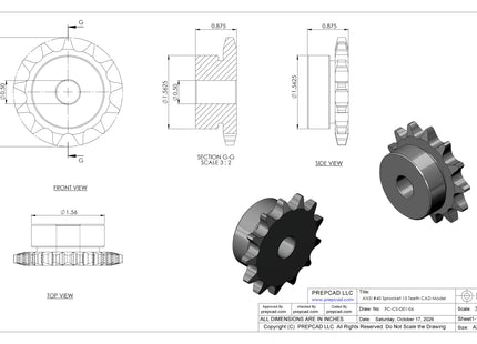 ANSI #40 Roller Chain Sprocket CAD Model, 13 Teeth | Keyway & Set Screw Options