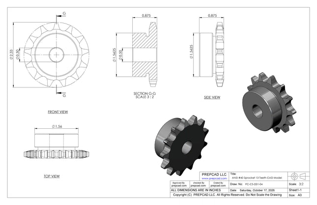 ANSI #40 Roller Chain Sprocket CAD Model, 13 Teeth | Keyway & Set Screw Options