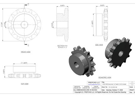 ANSI #40 Roller Chain Sprocket CAD Model, 14 Teeth | Keyway & Set Screw Options