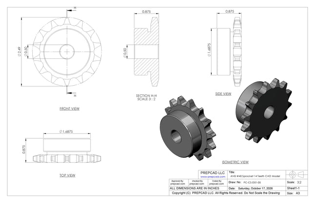 ANSI #40 Roller Chain Sprocket CAD Model, 14 Teeth | Keyway & Set Screw Options