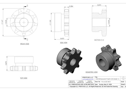 ANSI #40 Roller Chain Sprocket CAD Model, 9 Teeth | Keyway & Set Screw Options