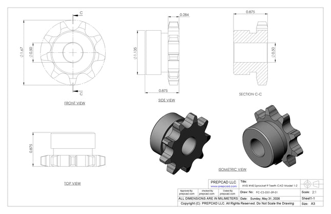 ANSI #40 Roller Chain Sprocket CAD Model, 9 Teeth | Keyway & Set Screw Options