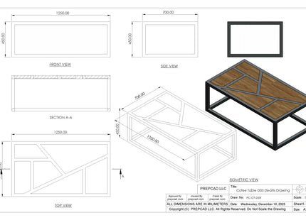 Modern Coffee Table 3D CAD Model 03- Steel Metal Wood Top DWG STEP STL OBJ Download
