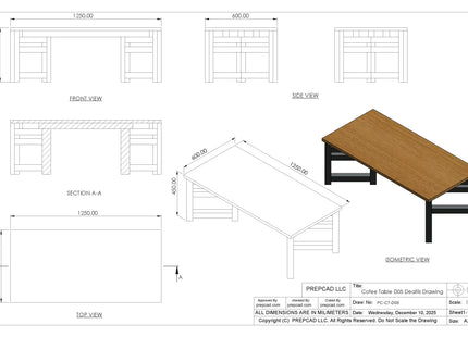 Modern Coffee Table 3D CAD Model 05- Steel Metal Wood Top DWG STEP STL OBJ Download