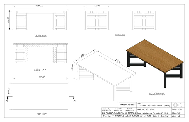 Modern Coffee Table 3D CAD Model 05- Steel Metal Wood Top DWG STEP STL OBJ Download