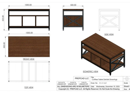 Modern Coffee Table 3D CAD Model 07- Steel Metal Wood Top DWG STEP STL OBJ Download
