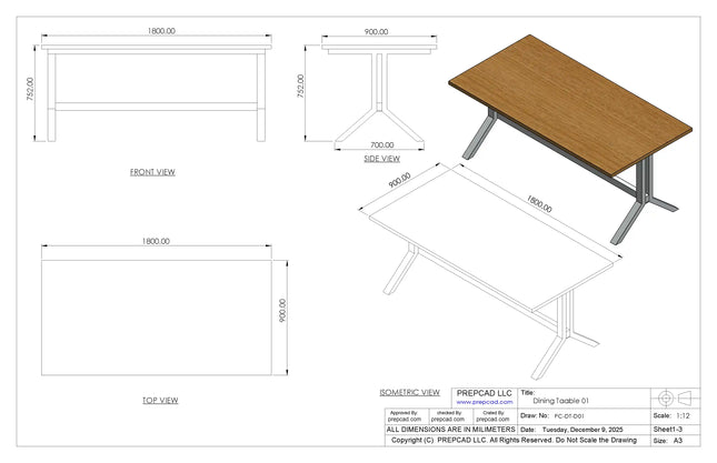 Steel Frame Dining Table 2D & 3D Cad Files - DT-001