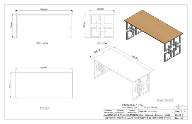 Steel Frame Dining Table 2D & 3D Cad Files - DT-003