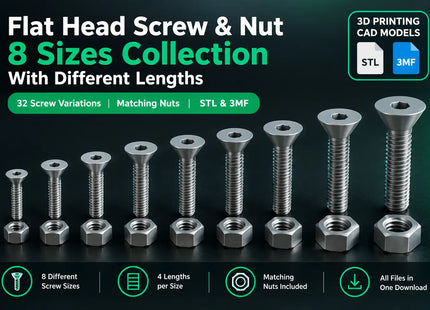 Flat Head Screw & Nut 3D Printing Bundle – 8 Sizes, 32 Length Variations | STL & 3MF CAD Models