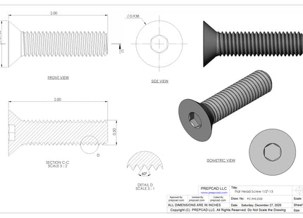 1/2"-13 Flat Head Screw 3D CAD Model | STEP, IGES, STL, OBJ , FBX, DWG, DXF