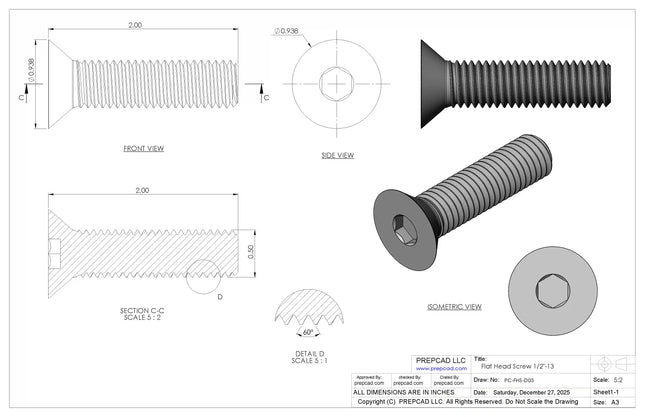 1/2"-13 Flat Head Screw 3D CAD Model | STEP, IGES, STL, OBJ , FBX, DWG, DXF
