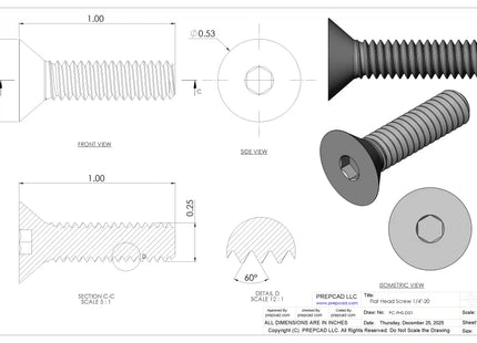 1/4"-20 Flat Head Screw 3D CAD Model | STEP, IGES, STL, OBJ , FBX, DWG, DXF