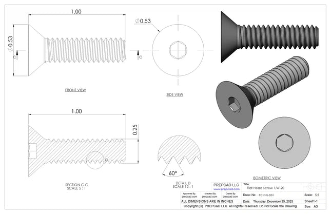 1/4"-20 Flat Head Screw 3D CAD Model | STEP, IGES, STL, OBJ , FBX, DWG, DXF