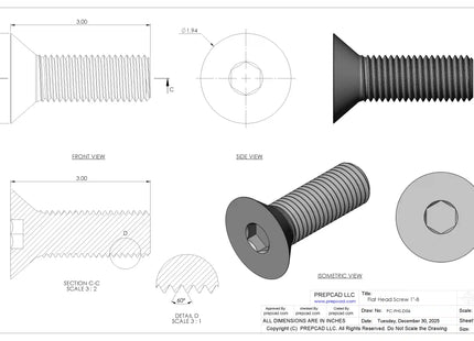 1"-8 Flat Head Screw 3D CAD Model | STEP, IGES, STL, OBJ , FBX, DWG, DXF