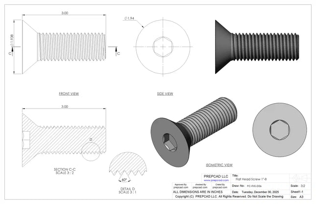 1"-8 Flat Head Screw 3D CAD Model | STEP, IGES, STL, OBJ , FBX, DWG, DXF