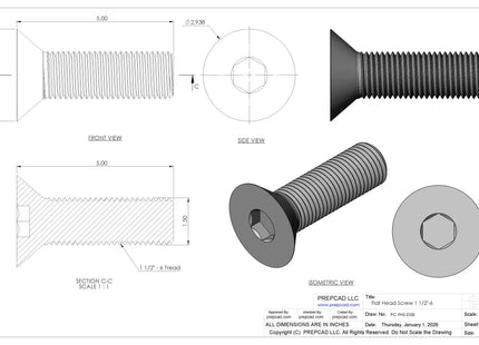 1 1/2"-6 Flat Head Screw 3D CAD Model | STEP, IGES, STL, OBJ , FBX, DWG, DXF