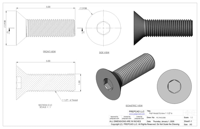 1 1/2"-6 Flat Head Screw 3D CAD Model | STEP, IGES, STL, OBJ , FBX, DWG, DXF