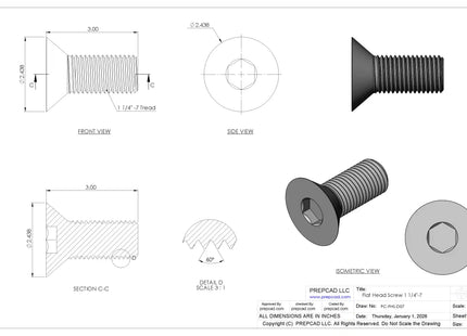 1 1/4"-7 Flat Head Screw 3D CAD Model | STEP, IGES, STL, OBJ , FBX, DWG, DXF