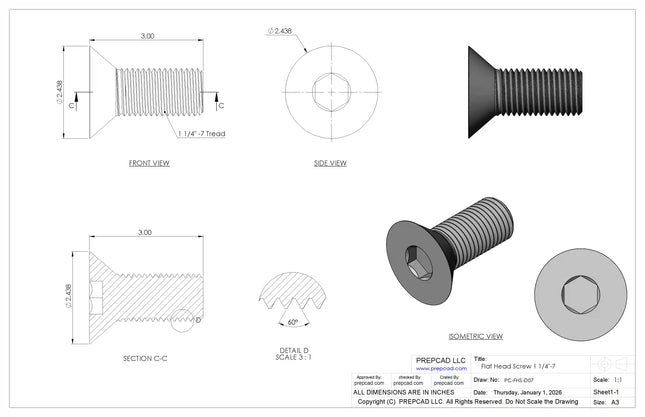1 1/4"-7 Flat Head Screw 3D CAD Model | STEP, IGES, STL, OBJ , FBX, DWG, DXF