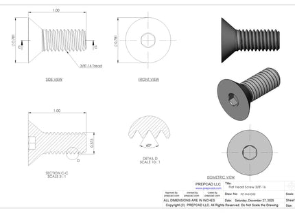 3/8"-16 Flat Head Screw 3D CAD Model | STEP, IGES, STL, OBJ , FBX, DWG, DXF