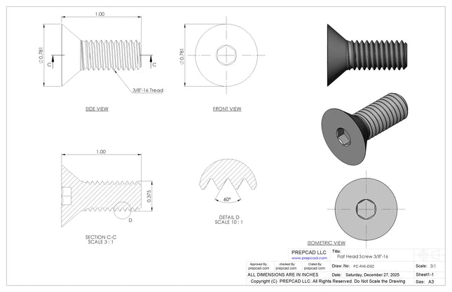 3/8"-16 Flat Head Screw 3D CAD Model | STEP, IGES, STL, OBJ , FBX, DWG, DXF