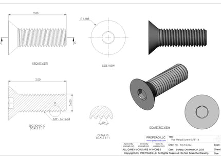 5/8"-11 Flat Head Screw 3D CAD Model | STEP, IGES, STL, OBJ , FBX, DWG, DXF