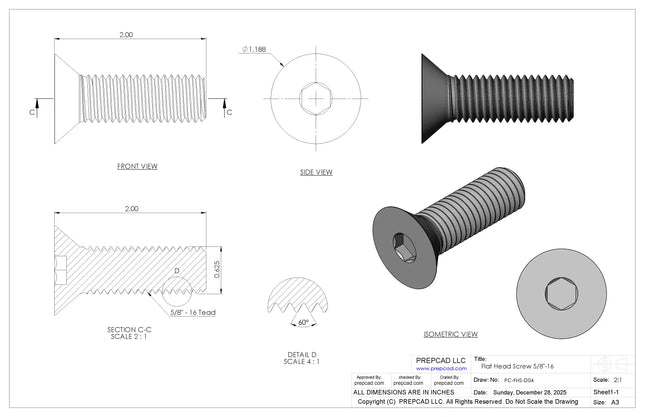 5/8"-11 Flat Head Screw 3D CAD Model | STEP, IGES, STL, OBJ , FBX, DWG, DXF