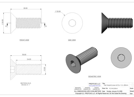 Flat Head Screw M10 × 1.5 mm Thread | STEP, IGES, STL, OBJ , FBX, DWG, DXF