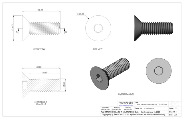 Flat Head Screw M10 × 1.5 mm Thread | STEP, IGES, STL, OBJ , FBX, DWG, DXF