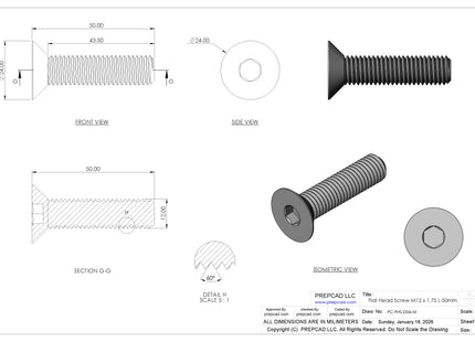 Flat Head Screw M12 × 1.75 mm Thread | STEP, IGES, STL, OBJ , FBX, DWG, DXF