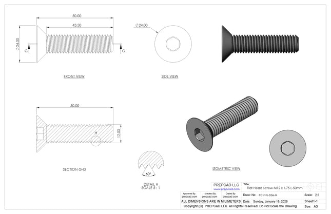Flat Head Screw M12 × 1.75 mm Thread | STEP, IGES, STL, OBJ , FBX, DWG, DXF