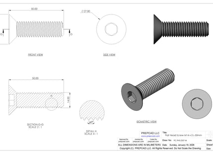 Flat Head Screw M14 × 2 mm Thread | STEP, IGES, STL, OBJ , FBX, DWG, DXF