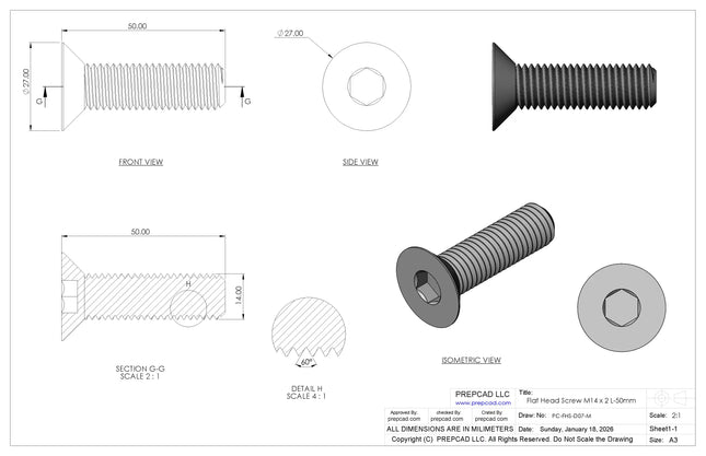 Flat Head Screw M14 × 2 mm Thread | STEP, IGES, STL, OBJ , FBX, DWG, DXF