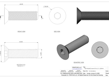 Flat Head Screw M16 × 2 mm Thread | STEP, IGES, STL, OBJ , FBX, DWG, DXF