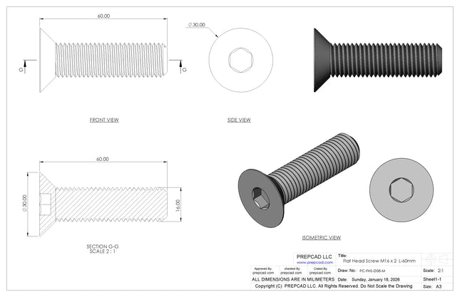 Flat Head Screw M16 × 2 mm Thread | STEP, IGES, STL, OBJ , FBX, DWG, DXF